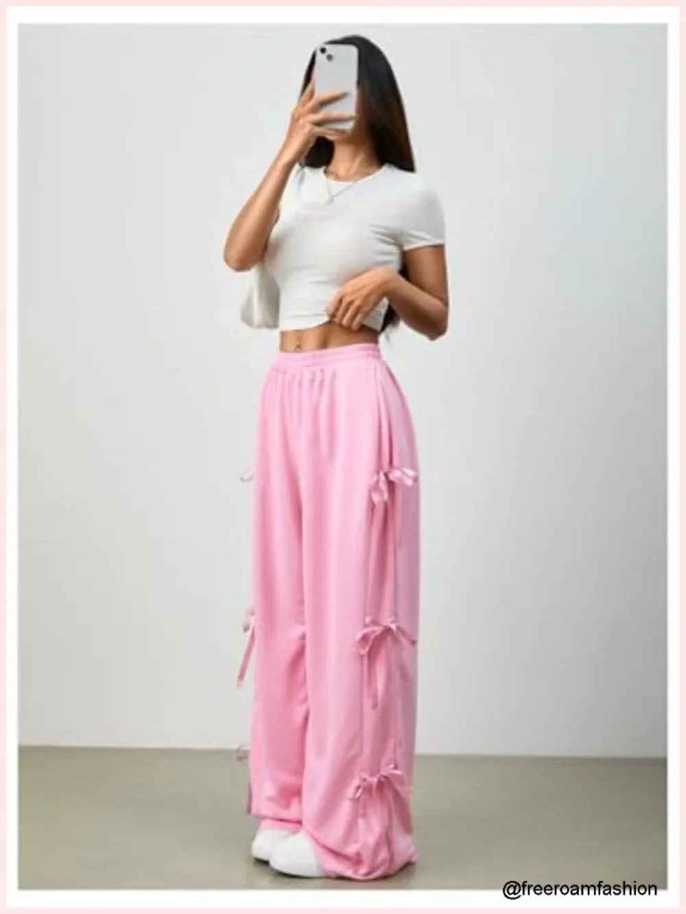 Baggy Sweatpants Elastic Waist Casual Bow Wide Leg Pants with Pocket Y2K